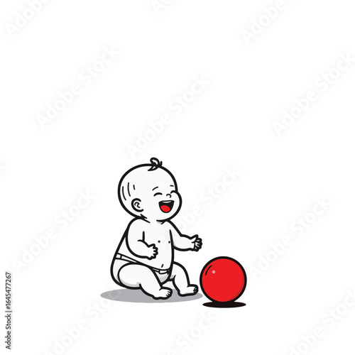 Laughing baby playing with red ball in minimalist style, joy and innocence