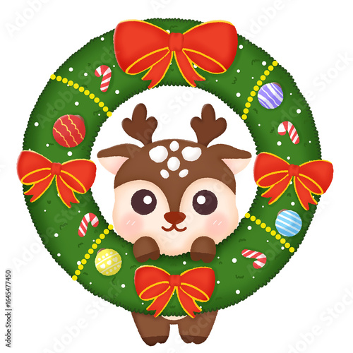 Cute reindeer with Christmas wreath.