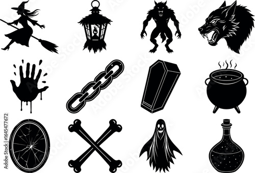 Black and white halloween vector silhouette set with spooky icons.