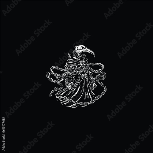 A dark engraving-style illustration of a plague doctor entangled in chains. Detailed linework emphasizes the eerie and mysterious atmosphere