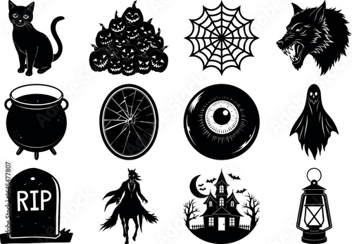 Black and white halloween vector silhouette set with spooky icons.
