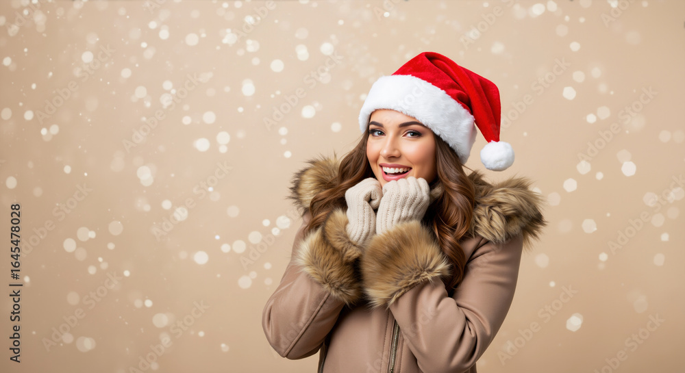 Obraz premium Woman in santa hat with beige winter coat smiling warmly. Christmas holiday portrait for festive celebration and seasonal greeting card marketing campaigns