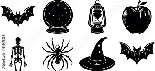 Black and white halloween vector silhouette set with spooky icons.
