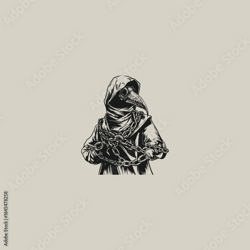 A dark engraving-style illustration of a plague doctor entangled in chains. Detailed linework emphasizes the eerie and mysterious atmosphere