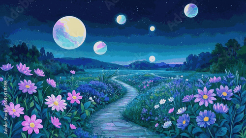 Nocturnal Bloom Flowers under the night sky isolated watercolor vector illustration svg