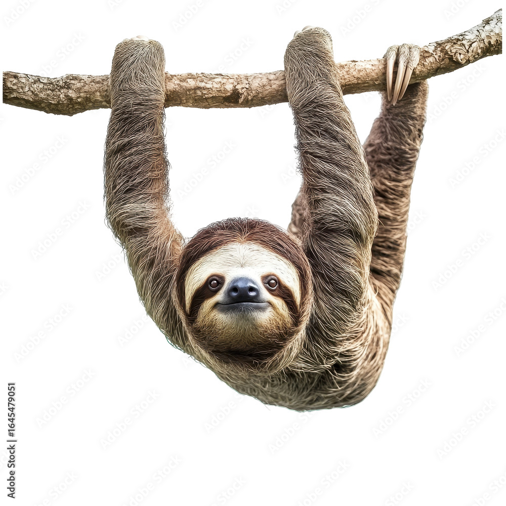 Fototapeta premium Adorable Sloth Hanging from Tree Branch in Rainforest, isolated on a transparent background
