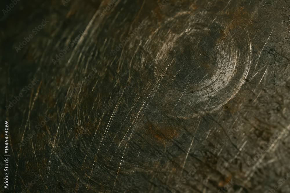 Fototapeta premium Close-up of textured dark wood with circular patterns and scratches
