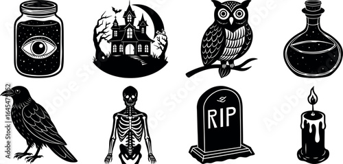 Black and white halloween vector silhouette set with spooky icons.