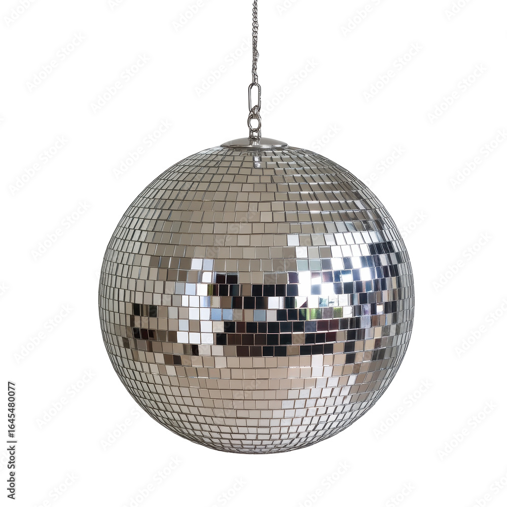 Fototapeta premium Silver disco ball hanging on black background party decoration night club, isolated on a transparent background