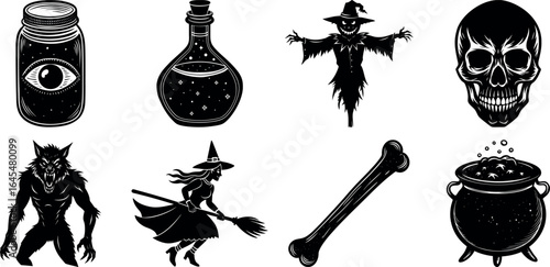 Black and white halloween vector silhouette set with spooky icons.