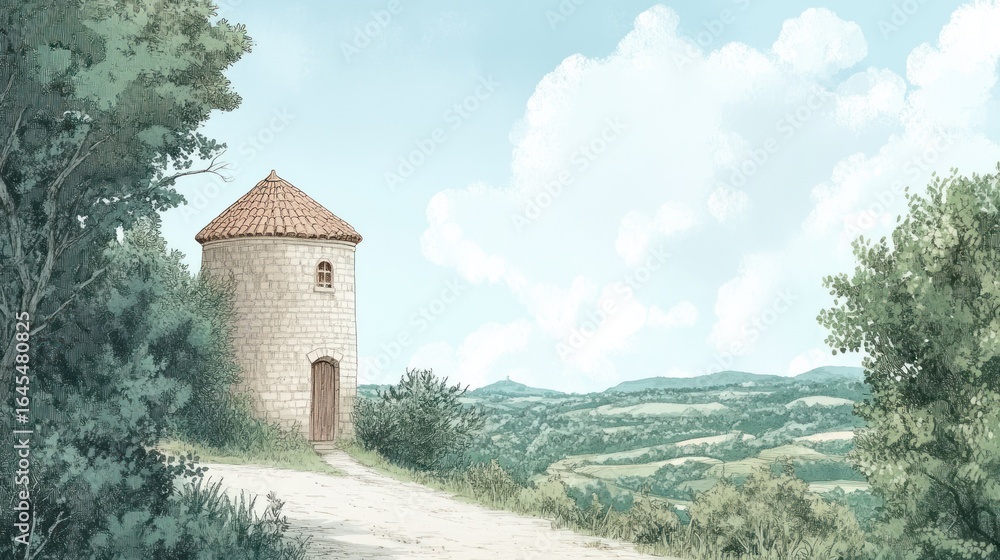 Fototapeta premium Tower on hilltop, lush landscape