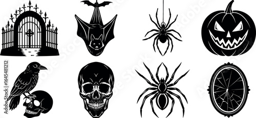 Black and white halloween vector silhouette set with spooky icons.