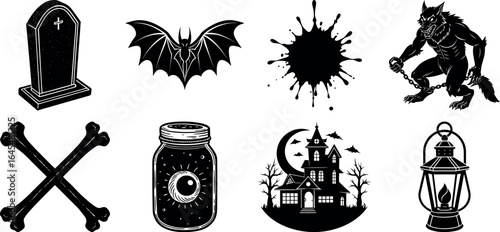 Black and white halloween vector silhouette set with spooky icons.
