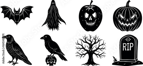 Black and white halloween vector silhouette set with spooky icons.