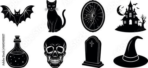 Black and white halloween vector silhouette set with spooky icons.