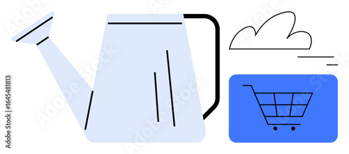 Watering can beside shopping cart icon and abstract cloud motif representing online gardening, eco-friendly innovation, and sustainability. Ideal for e-commerce, technology, gardening
