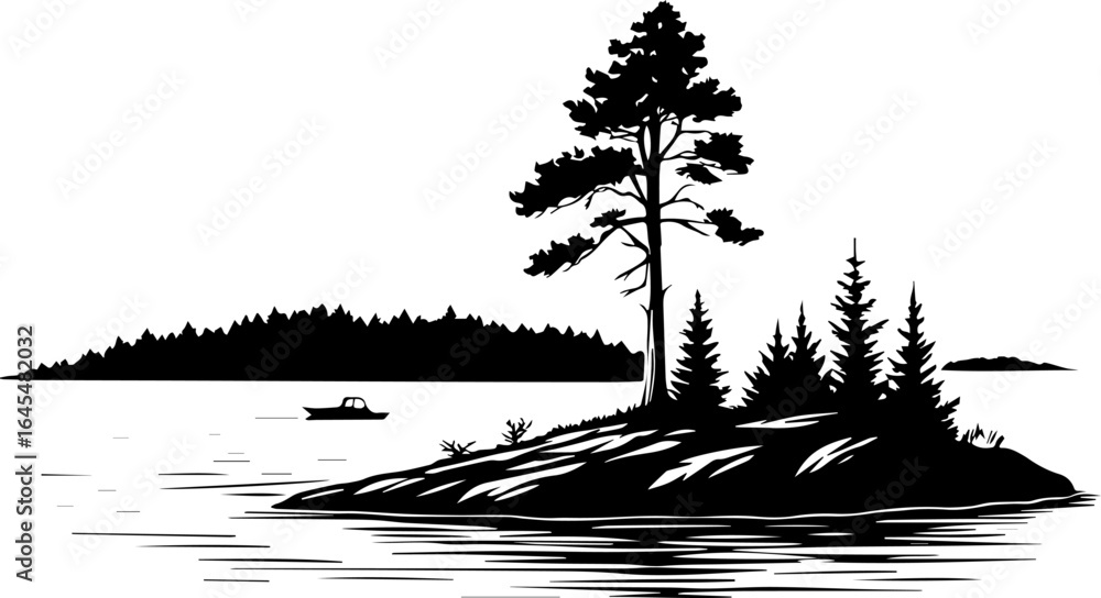 Fototapeta premium Rustic Small Island with Pine Trees in a Lake - Vector Illustration