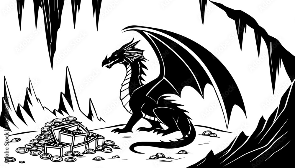Fototapeta premium Fantasy Dragon Guarding Treasure in a Cave - Vector Illustration