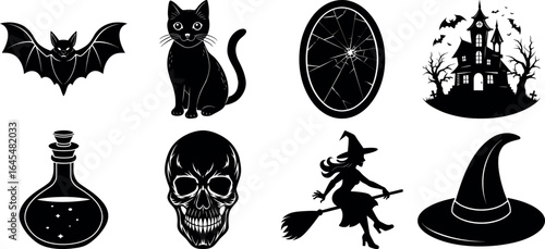 Black and white halloween vector silhouette set with spooky icons.