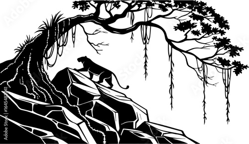 Black Panther on a Rocky Ledge with a Jungle Tree - Vector Illustration