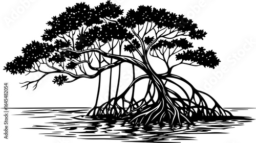 Mangrove Tree with Exposed Roots in Water - Vector Illustration