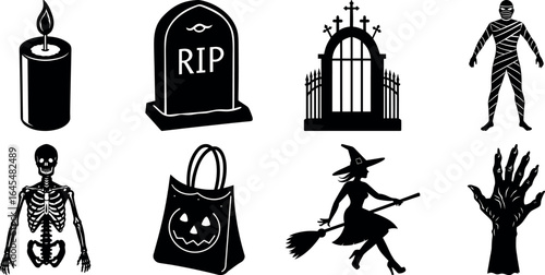 Black and white halloween vector silhouette set with spooky icons.