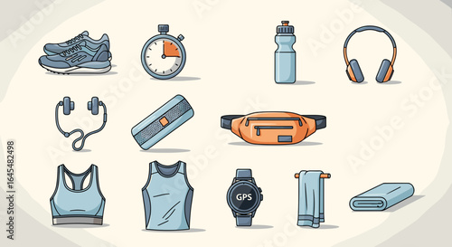 Illustration of workout equipment including shoes, stopwatch, water bottle and other accessories