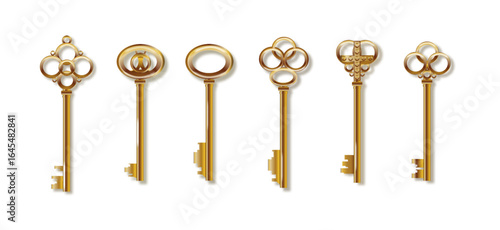 Key 3d realistic golden old vintage. Old luxury escape room keys. Vector