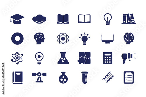 Education and Science Icon Set. Vector Glyph Symbols for School, Learning, Research, STEM