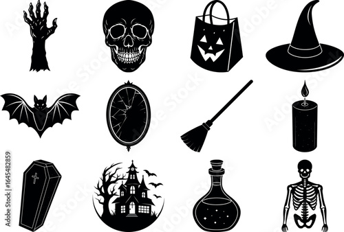 Black and white halloween vector silhouette set with spooky icons.