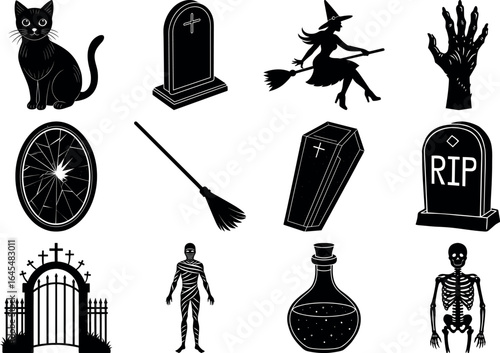 Black and white halloween vector silhouette set with spooky icons.