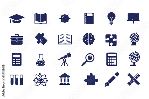 Education and Science Icon Set. Vector Glyph Symbols for School, Learning, Research, STEM