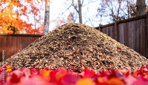 Large compost pile in backyard, autumn leaves foreground