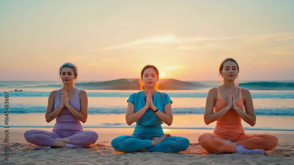 Three women practicing yoga on a beach at sunset, sitting in a meditative pose with hands in prayer position, surrounded by serene ocean waves and soft sand Three women practicing yoga on a beach at sunset, sitting in a meditative pose with hands in prayer position, surrounded by serene ocean waves and soft sand