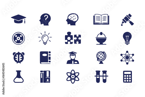 Education and Science Icon Set. Vector Glyph Symbols for School, Learning, Research, STEM