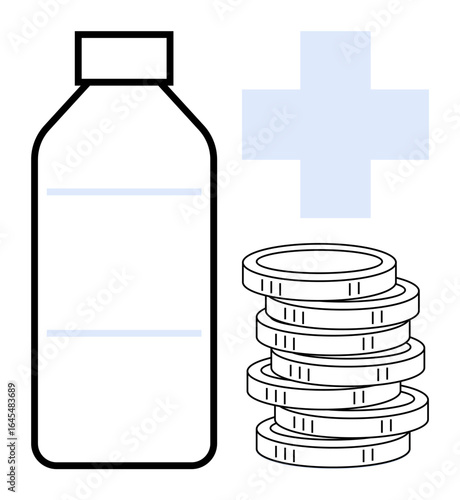 Medicine bottle beside a stack of coins under a medical cross. Ideal for healthcare, insurance, budget management, medical finance, pharmaceutical pricing, economic planning, simple flat metaphor