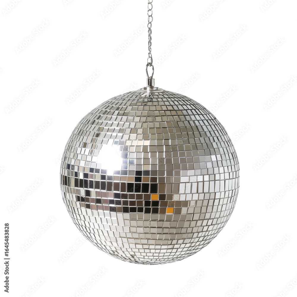 Obraz premium Silver disco ball hanging against black background Party decoration mirrored sphere, isolated on a transparent background