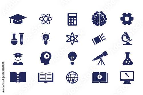 Education and Science Icon Set. Vector Glyph Symbols for School, Learning, Research, STEM