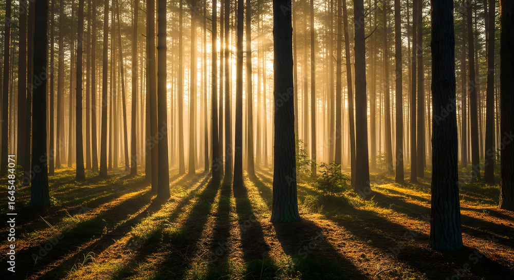 Fototapeta premium A stunning and realistic scenic image of a misty forest with sunlight shining through the trees, casting long shadows