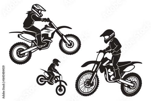 Motocross riders in action silhouette set