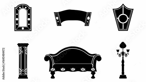 Illustration of a collection of antique furniture including a chair mirror and a street lamp design |  editable eps vectors silhouette