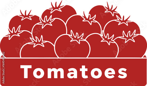 Fresh ripe red tomatoes piled high in a red crate with the word tomatoes