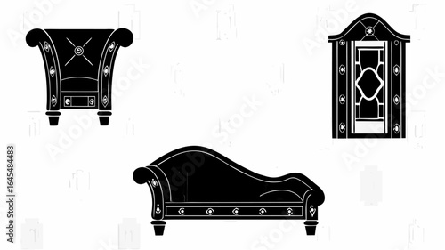Illustration showcasing a chaise lounge, an ornate chair, and a decorative cabinet in black silhouette |  editable eps vectors