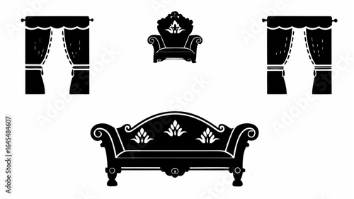 Black and white drawing of a sofa armchair and curtains in a vintage or antique style design aesthetic |  editable eps vectors silhouette