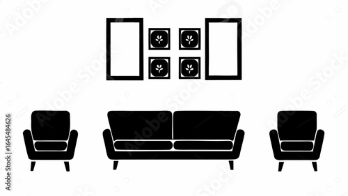 Living room setup with a sofa, two armchairs, and wall art featuring botanical prints in a minimalist style |  editable eps vectors silhouette