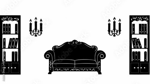 Illustration of a room with a couch, bookshelves, and candelabras in a black and white color scheme |  editable eps vectors silhouette