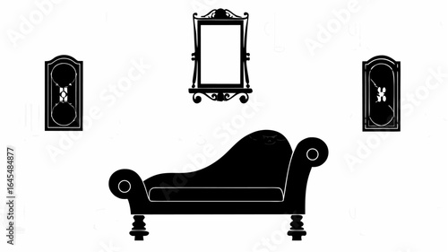 Silhouette illustration of a chaise lounge with mirrors and wall decorations on a white background |  editable eps vectors