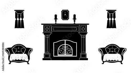 Silhouette drawing of a fireplace with clock, candles, curtains and chairs on a white background scene |  editable eps vectors