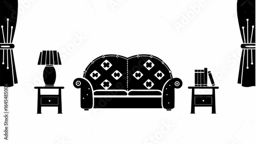 A monochrome interior scene featuring a patterned sofa flanked by curtains and side tables with lamp and books |  editable eps vectors silhouette