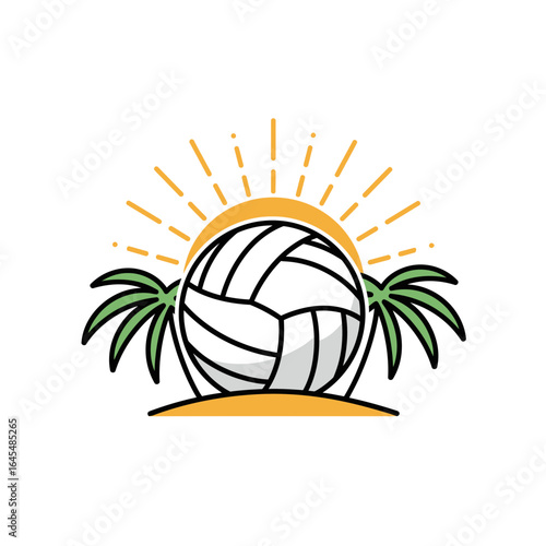 Volleyball in Paradise: A stylized volleyball nestled between palm trees, bathed in the warm glow of the sun, evokes the essence of beachside sport and carefree summer fun.